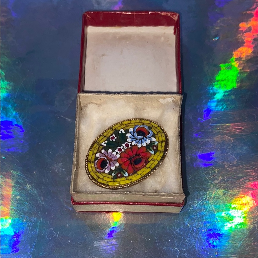 Vintage Ditta Giovanni Apa Italian Floral Gold Enamel Brooch with Original Box